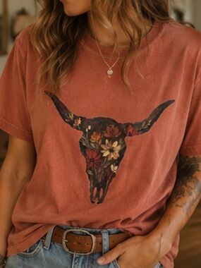 Short-Sleeve Floral Bull Skull Tee